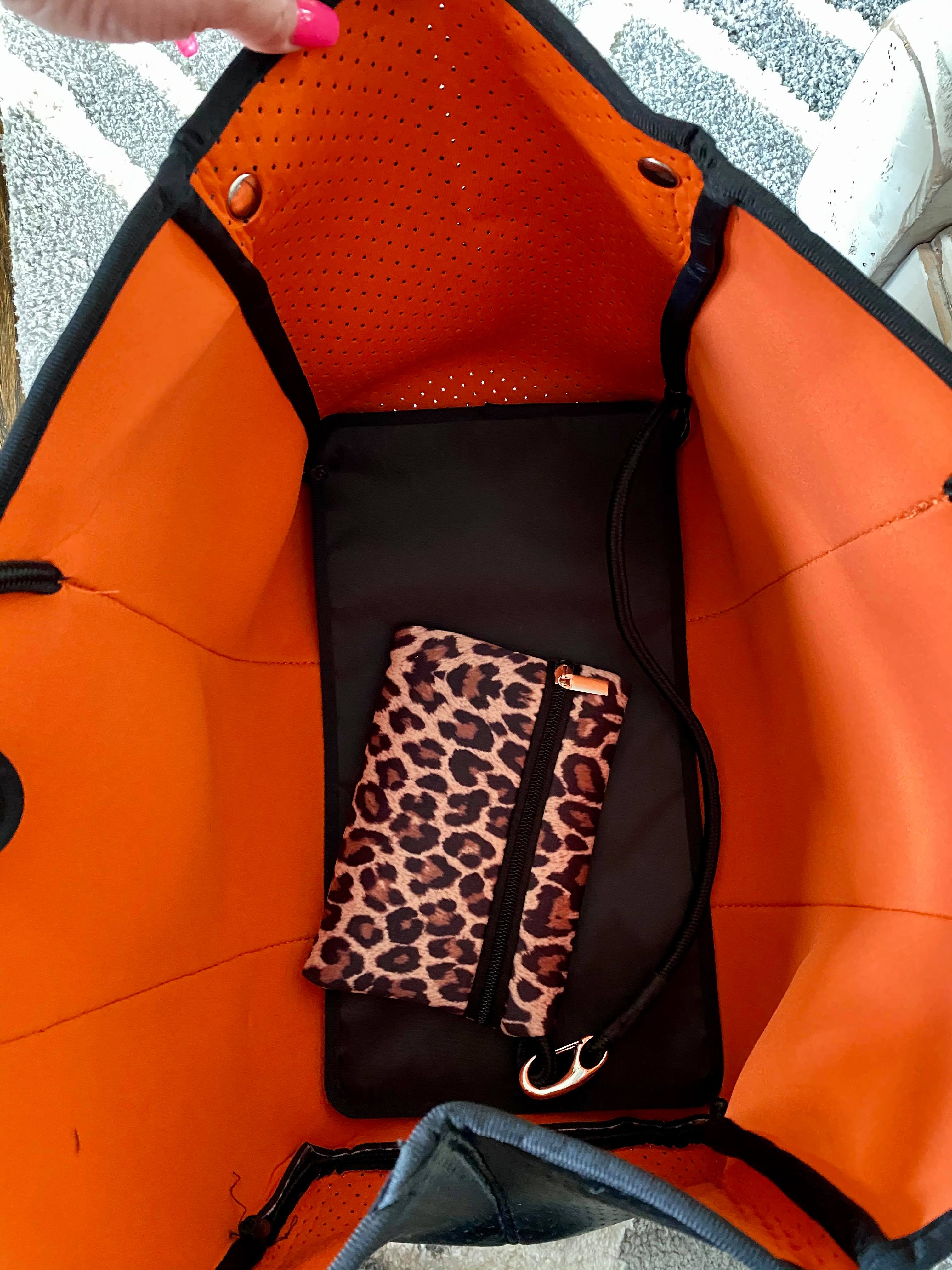 Leopard, Black and Orange Neoprene Tote Beach Bag – Sugar Boutique KC